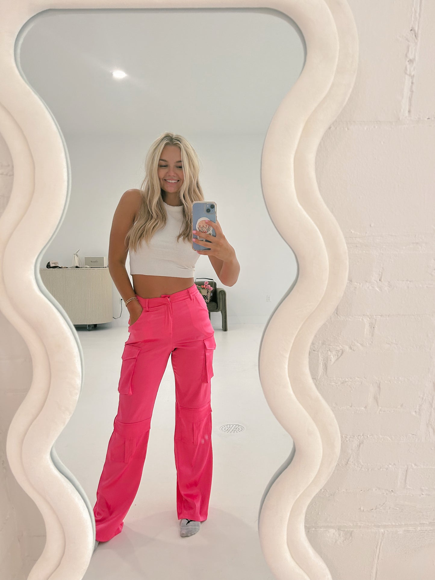 madi pink satin cargo pants