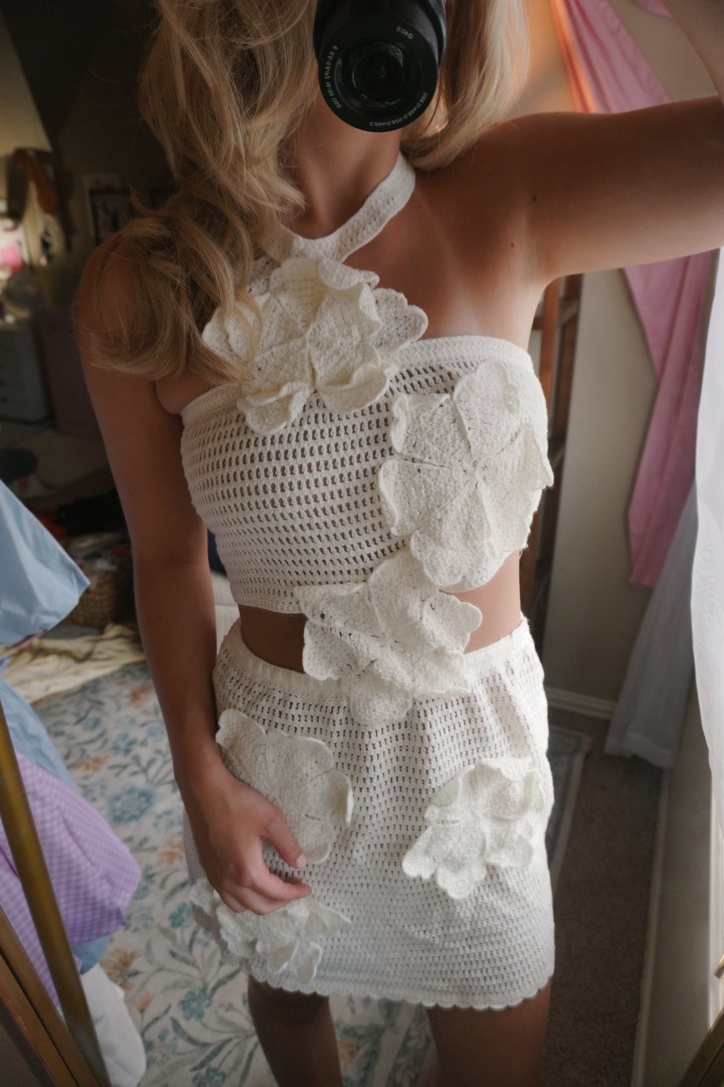 halter-neck floral cut-out dress