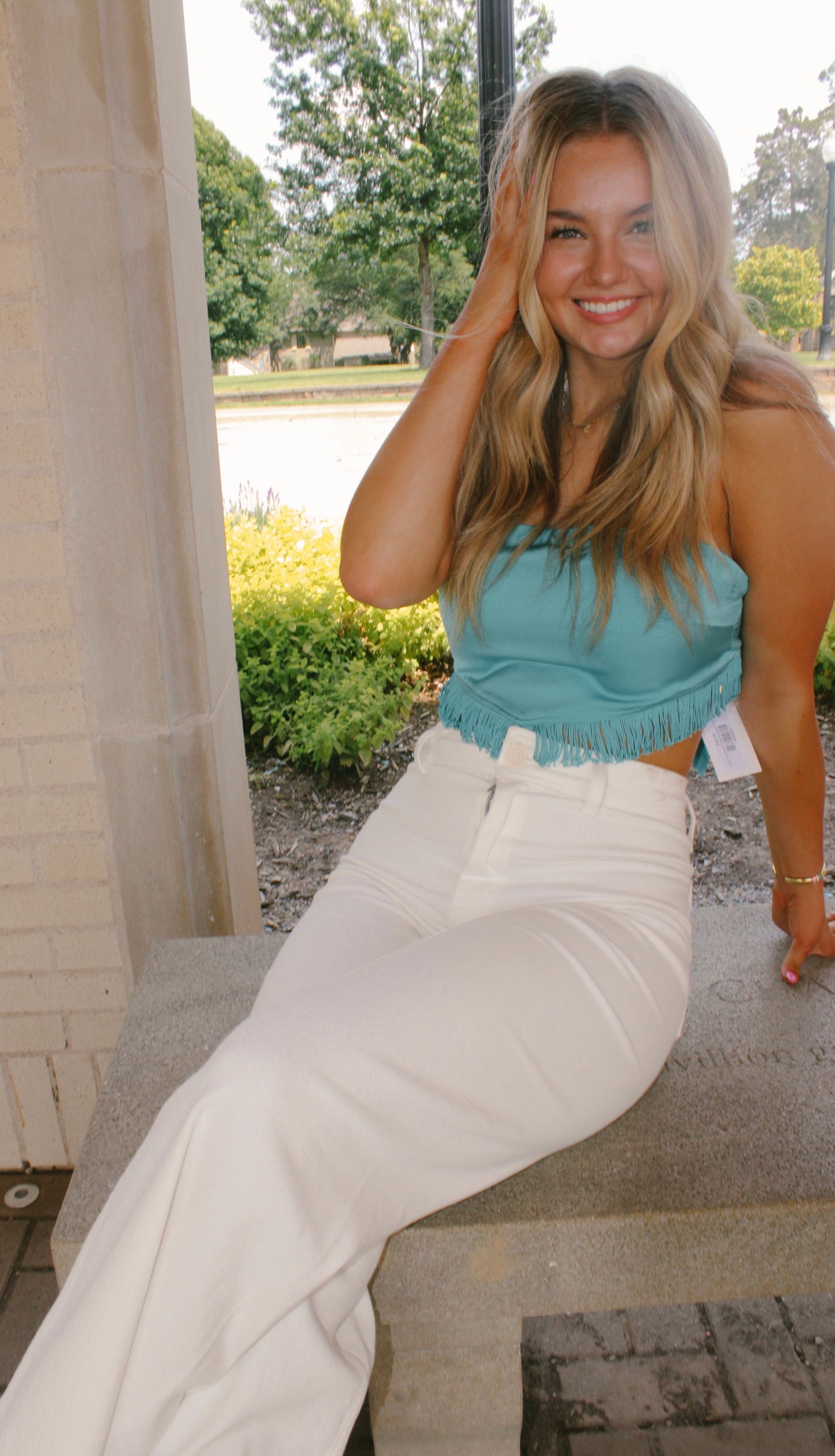 out on the town fringe strapless top