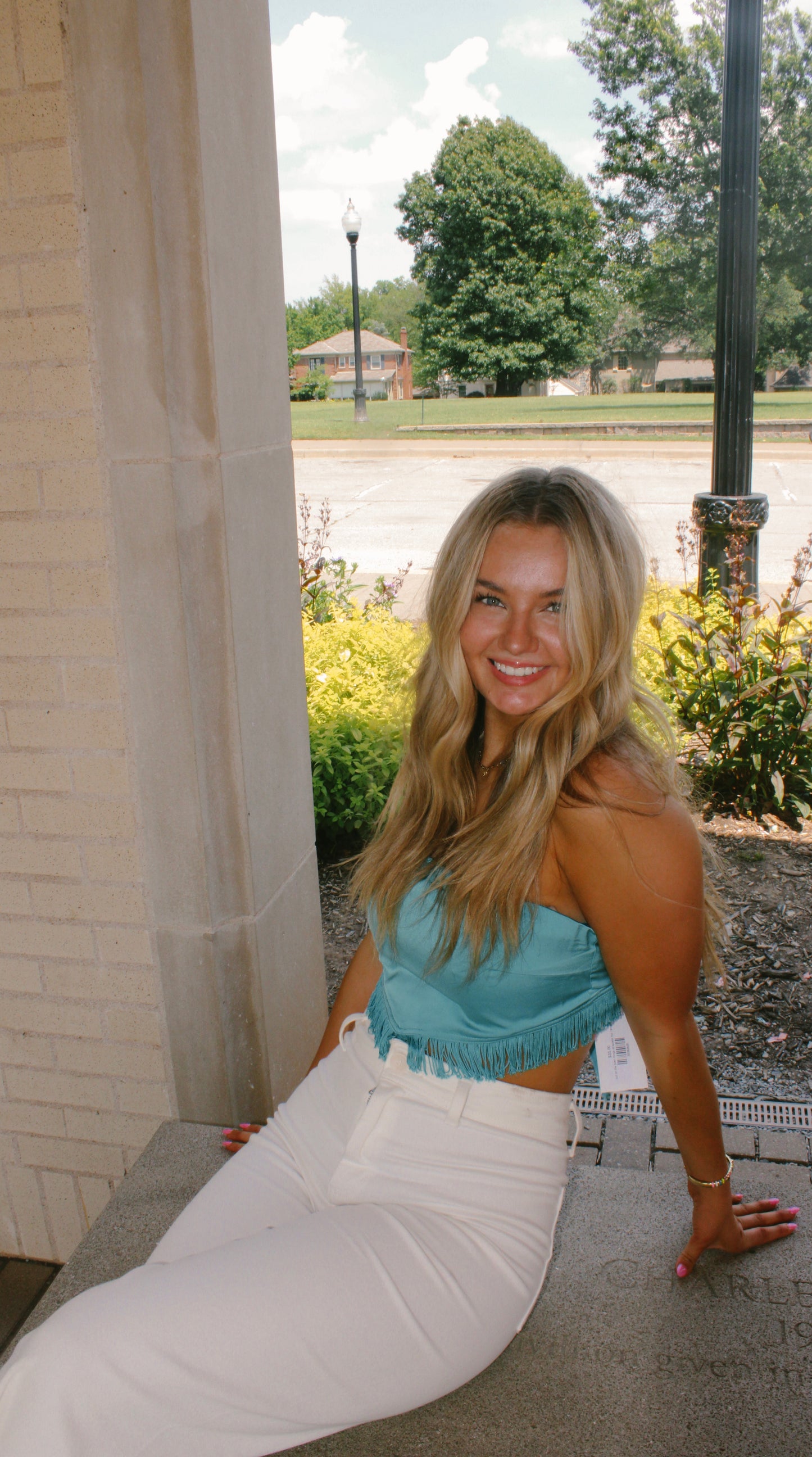 out on the town fringe strapless top