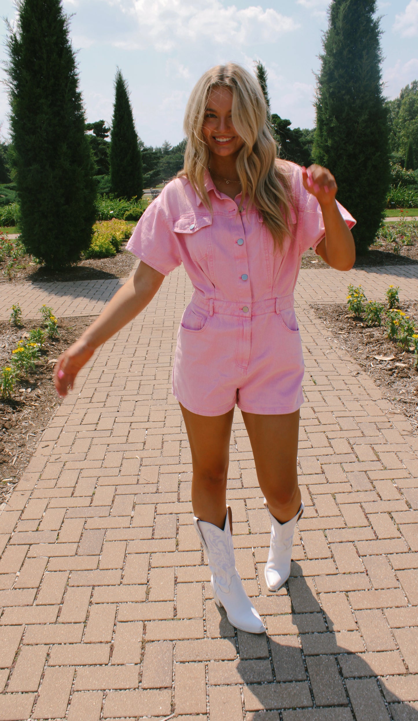 flower picking pink denim romper
