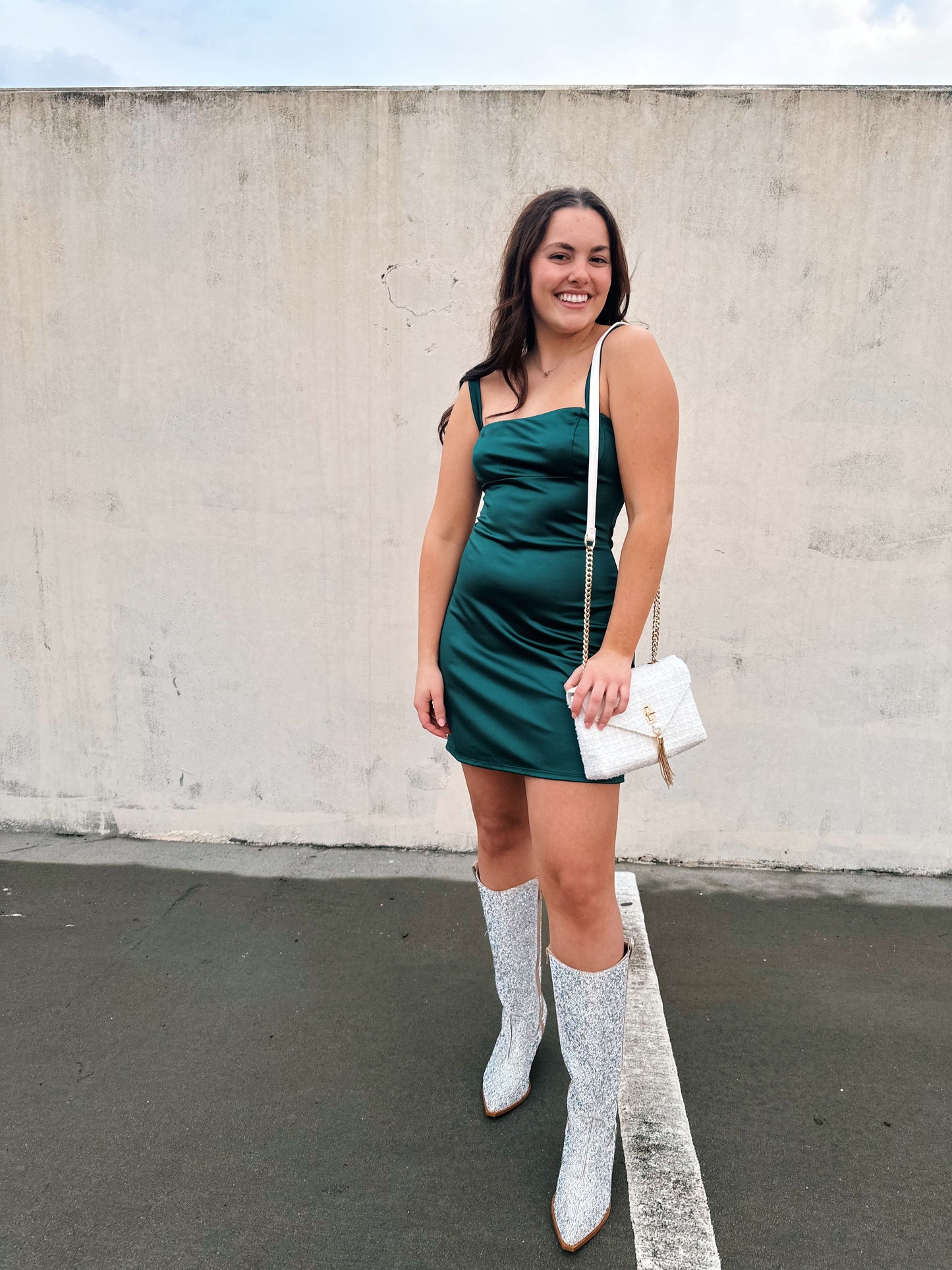 emerald satin mini dress