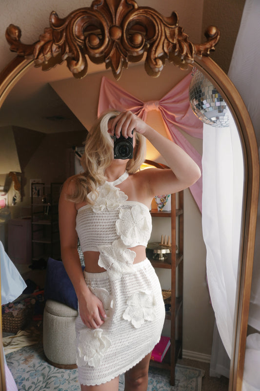 halter-neck floral cut-out dress