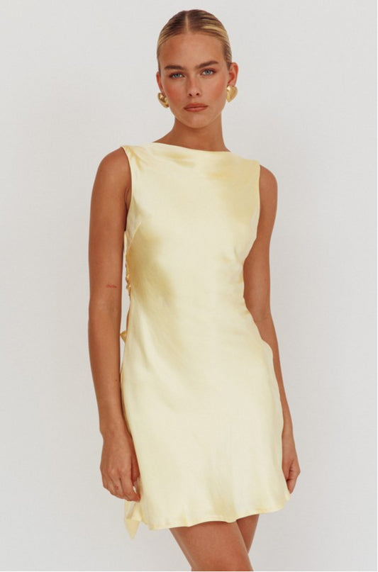 boat neckline satin mini dress